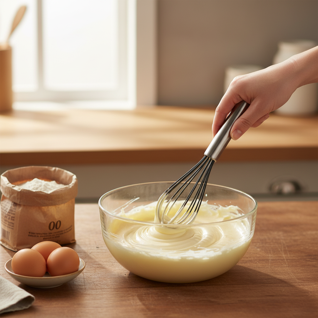 mains femme mélange crème avec Fouet professionnel cuisine
