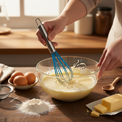 femme mélange crème avec Fouet professionnel cuisine dans bol