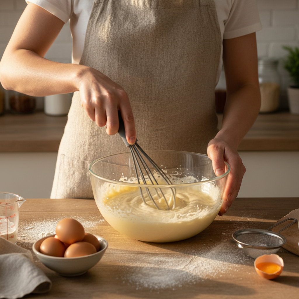 femme mélange crème dans bol avec fouet cuisine professionnel