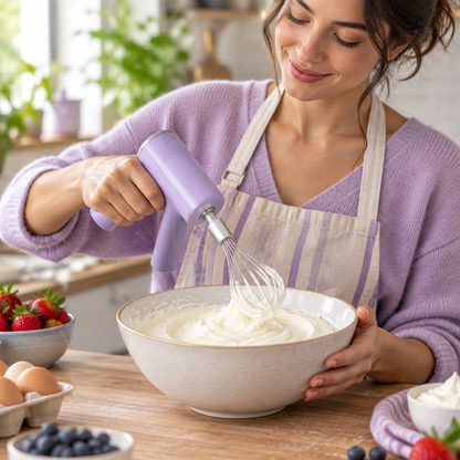 femme prépare meringue avec fouet électrique violet