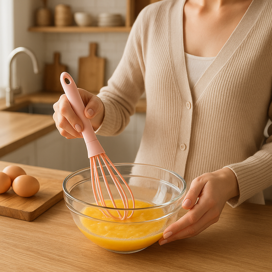 femme melange oeuf avec fouet plat rose