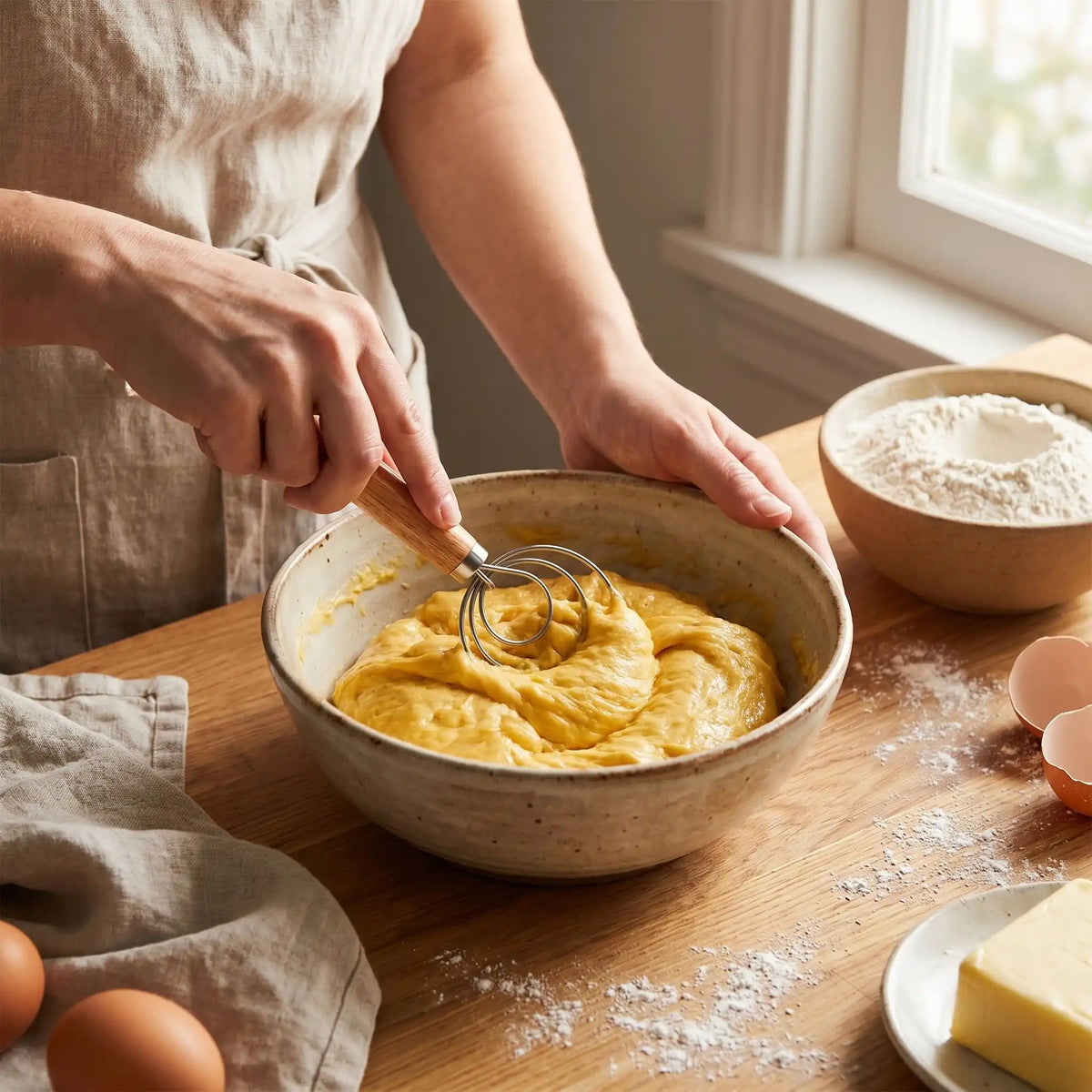 femme mélange pâte pâtisserie avec fouet danois 