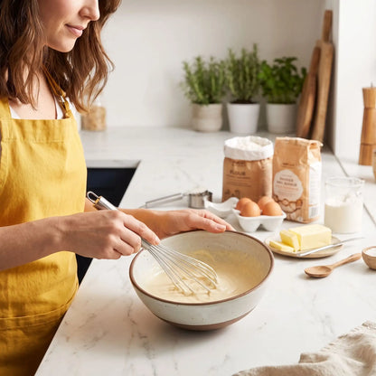 femme mélange préparation avec fouet ballon dans cuisine 