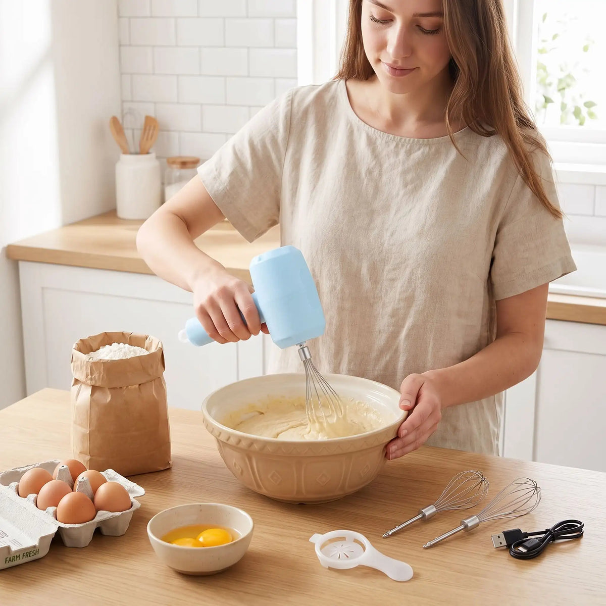 femme mélange préparation gâteau avec fouet electrique sans fil