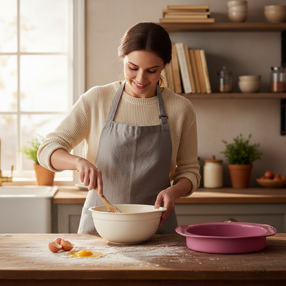 Femme mélange préparation pâtissière avec Moule silicone rond 