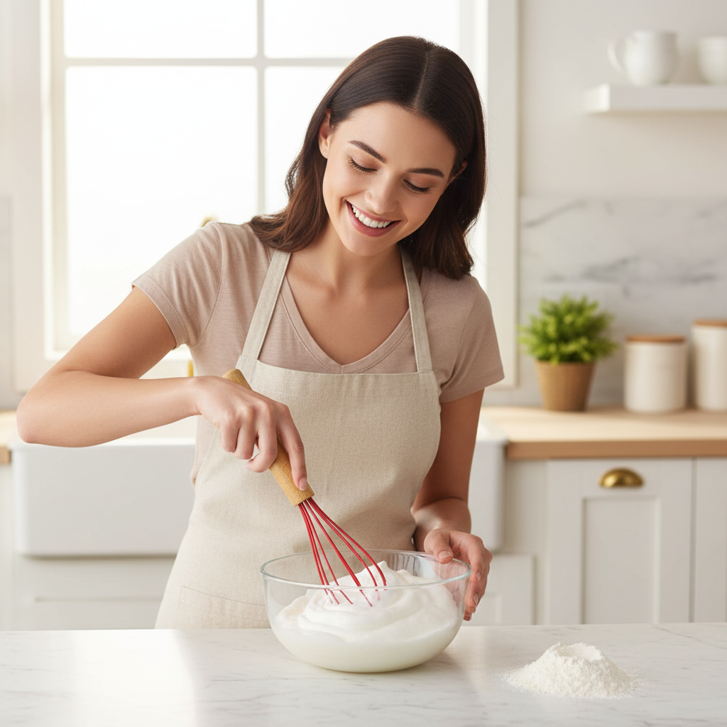 Femme préparant meringue avec Fouet à patisserie 