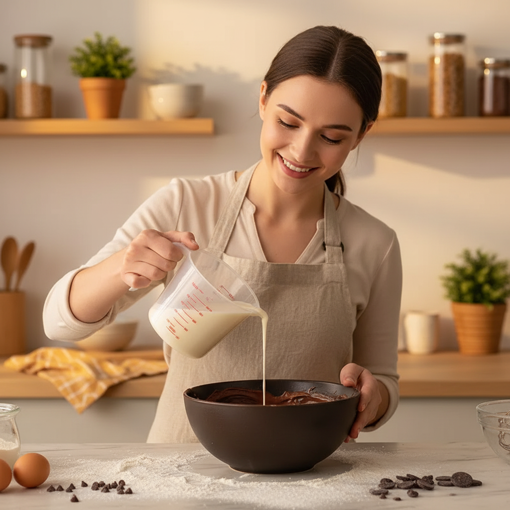 Femme mesurant de la crème pour gâteau avec Verre Doseur