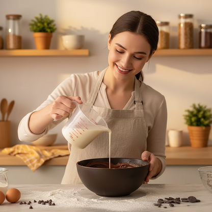 Femme mesurant de la crème pour gâteau avec Verre Doseur
