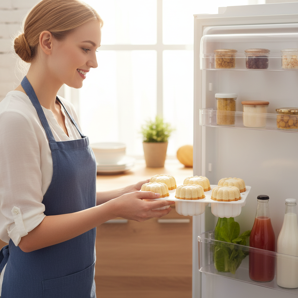 femme met au frigo mini moule charlotte 
