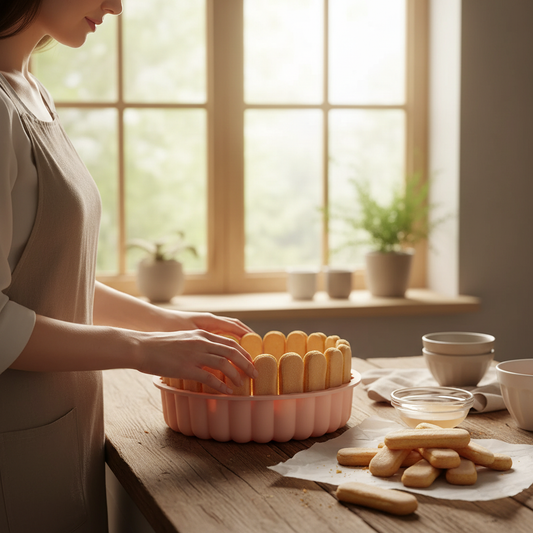 femme met biscuits dans moule à charlotte dans cuisine