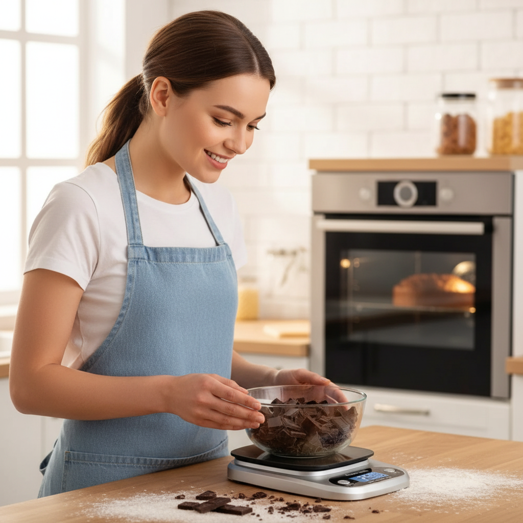 Femme pesant du chocolat avec Balance patisserie