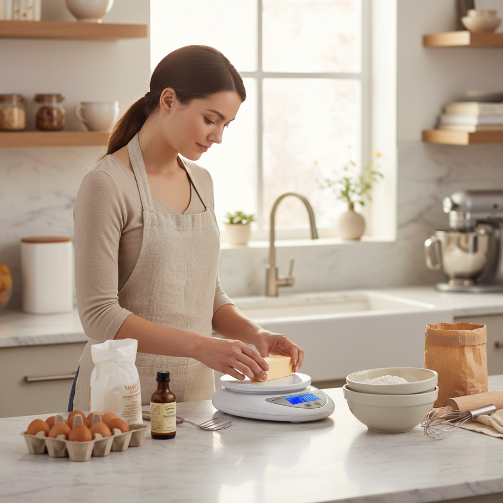 femme pèse beurre avec balance de cuisine 
