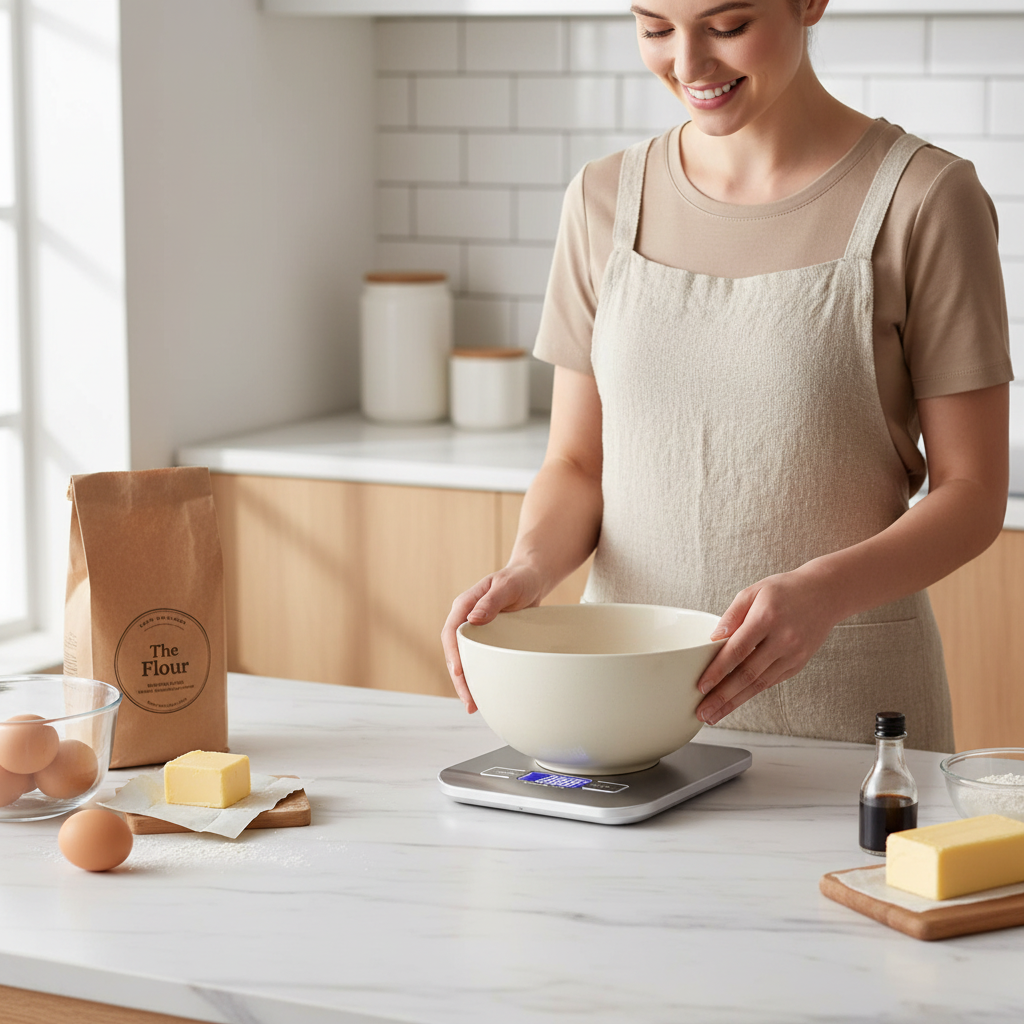 femme pèse bol avec balance de precision patisserie