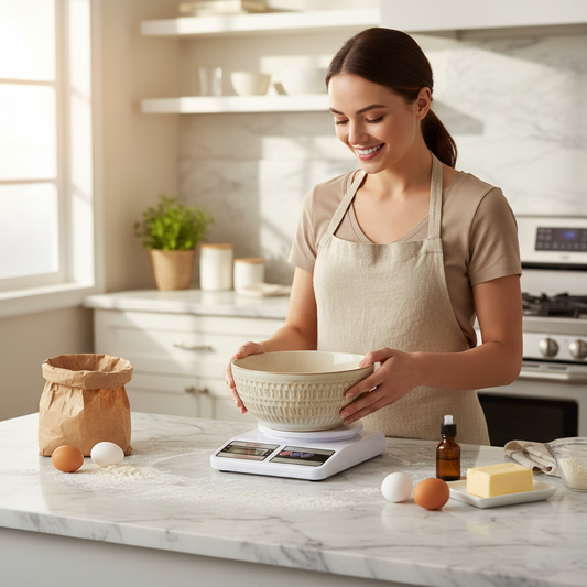 femme pèse ingrédient avec bol sur balance de patisserie