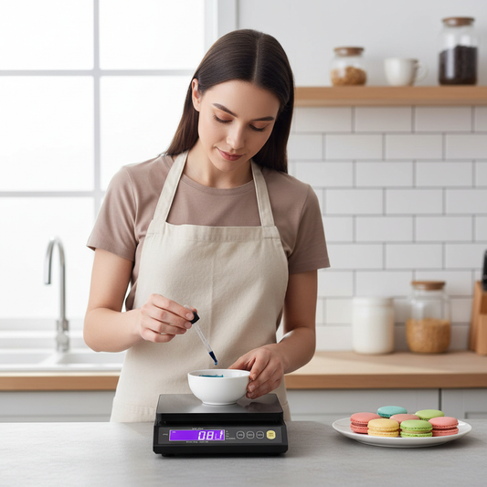 femme pese colorant avec balance de precision patisserie 