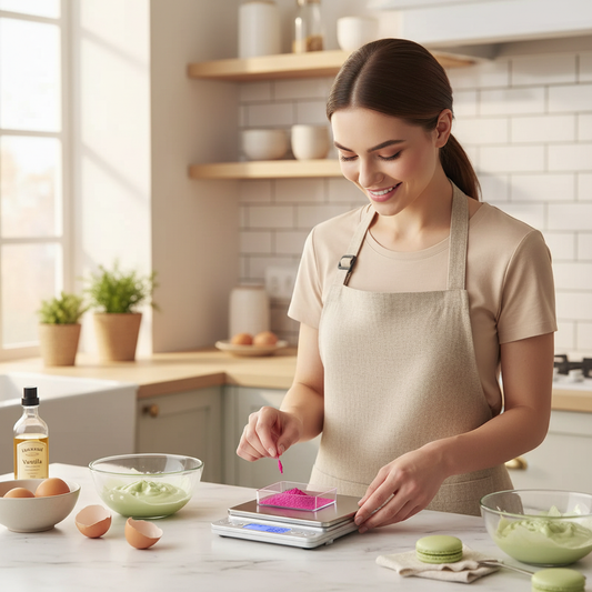 femme pèse colorant poudre avec balance pour patisserie