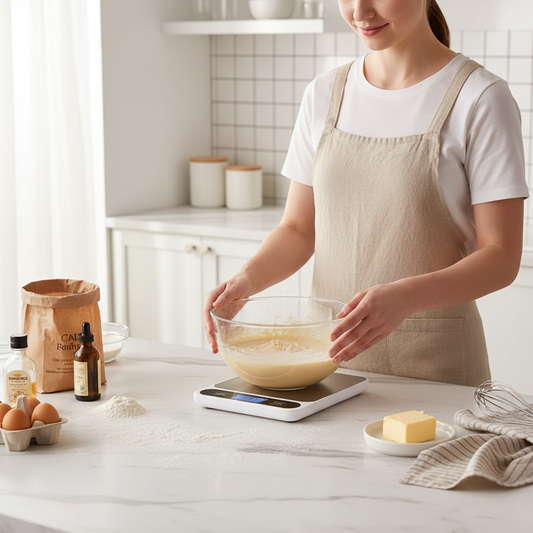 femme pèse crème dans cuisine avec balance a patisserie