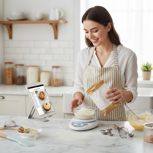 femme pèse farine avec balance de cuisine 