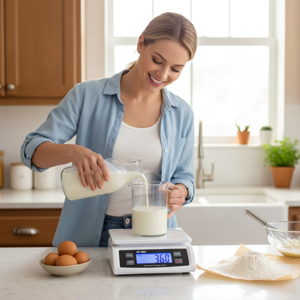 femme pèse lait avec balance pour patisserie