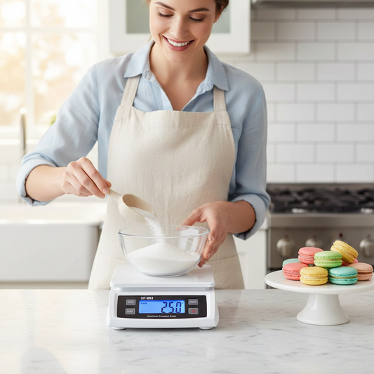 femme pèse sucre dans bol avec balance pour patisserie