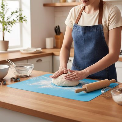 femme pétris une pâte à biscuit avec tapis de cuisson silicone  