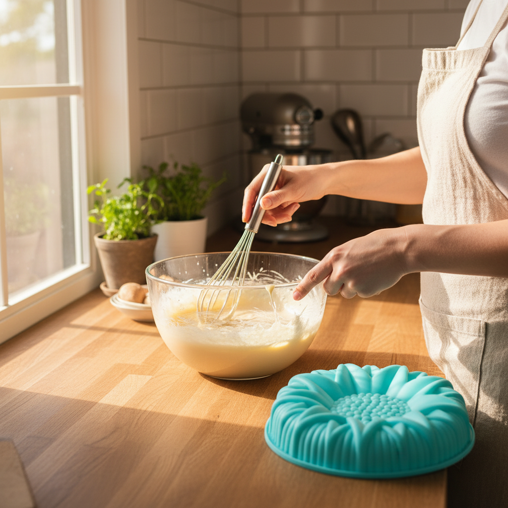 Femme préparant pâte avec Moule Fleur en Silicone