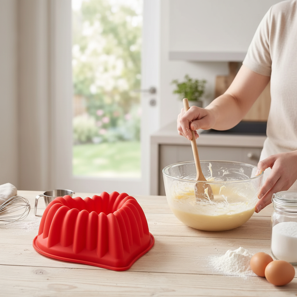 Femme préparant pâte gâteau avec moule en silicone en coeur 