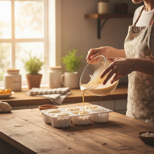 femme remplis mini moule charlotte dans cuisine rustique