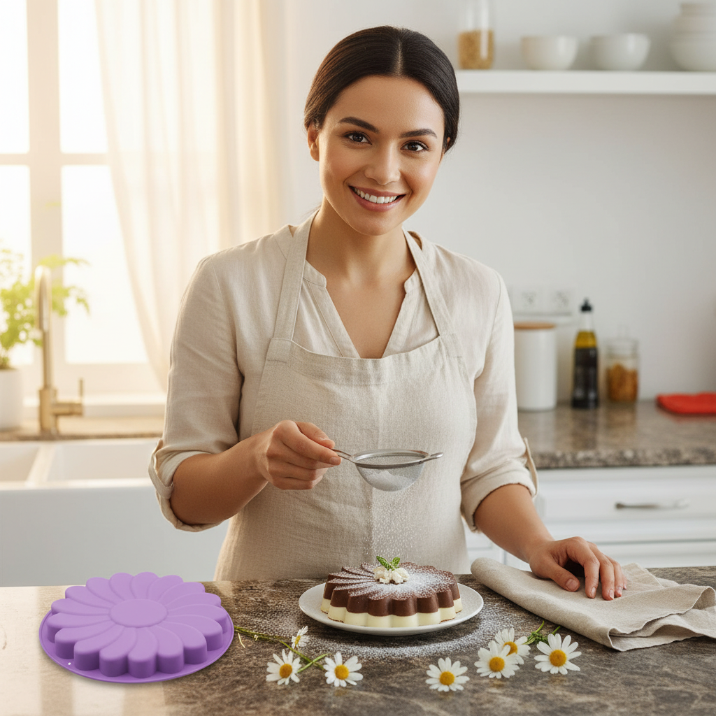 Femme saupoudrant gâteau avec Moule Fleur Silicone dans cuisine