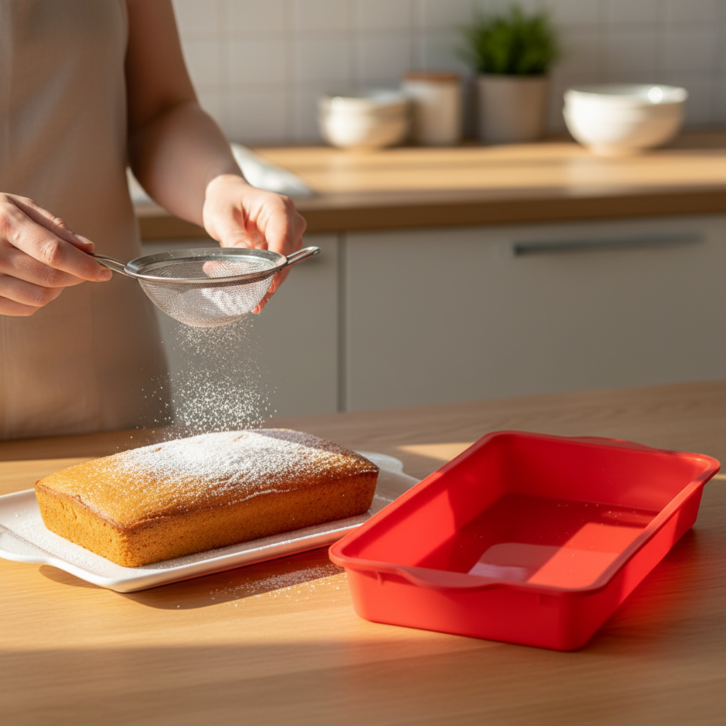 Femme saupoudrant gâteau avec Moule en Silicone Rectangle sur table 
