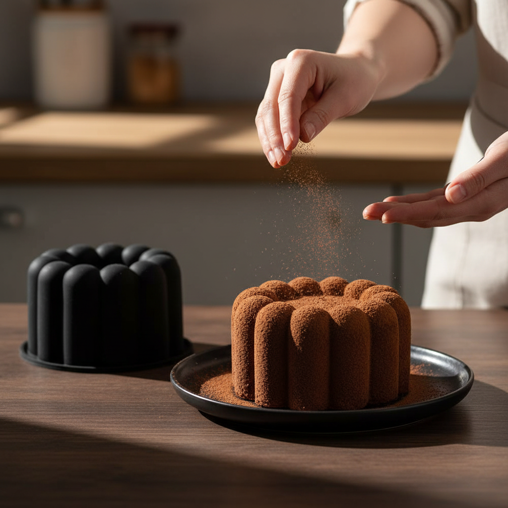 femme saupoudre gâteau avec mini moule à charlotte