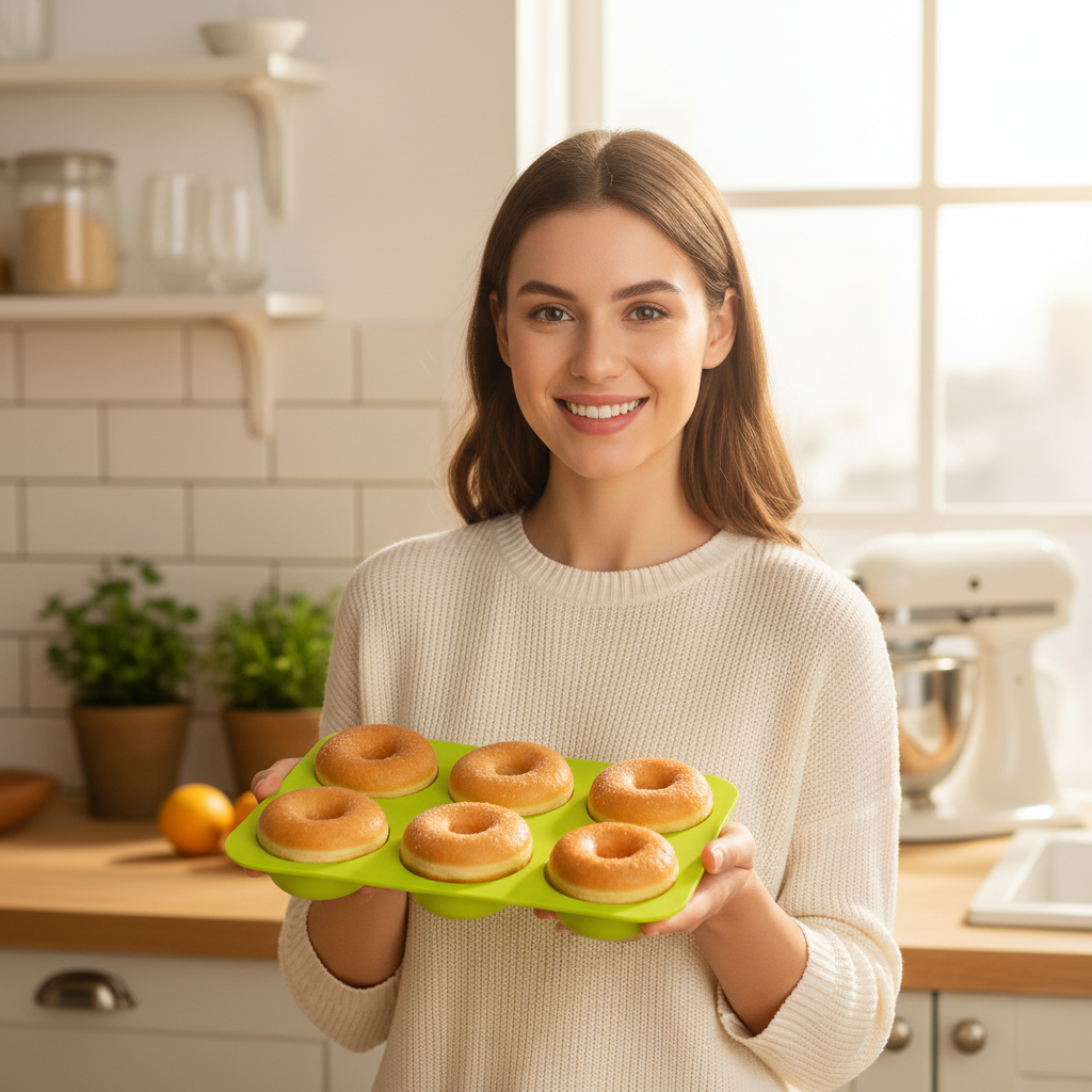 Femme portant moule donut avec donuts