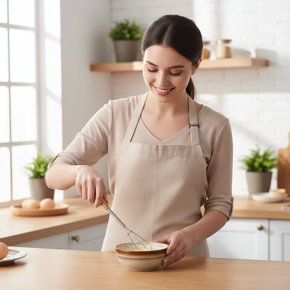 femme tablier utilisant mini fouet dans cuisine lumineuse