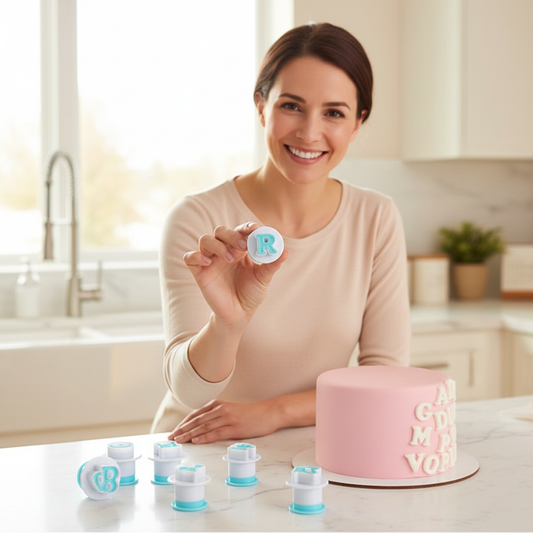 Femme tenant Emporte piece lettre avec cake rose
