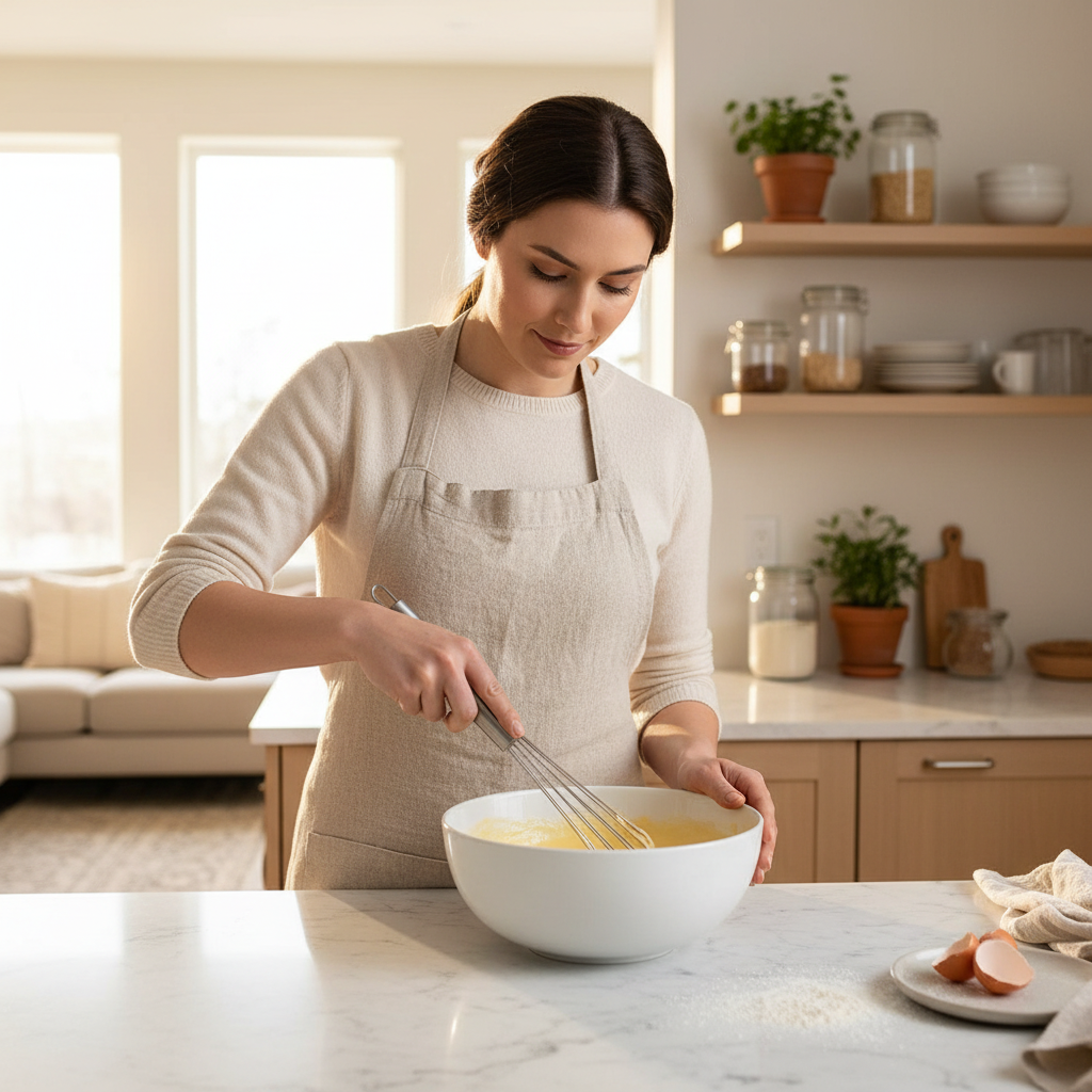 femme utilise fouet à bille en acier  dans cuisine