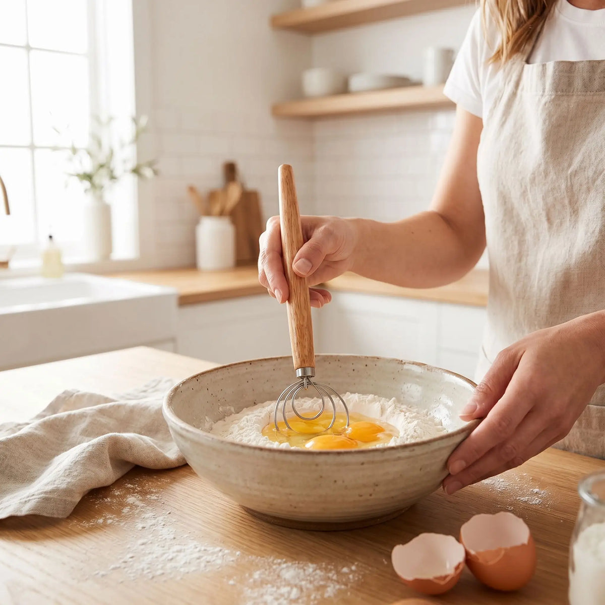 femme utilise fouet danois pour mélange préparation patissière