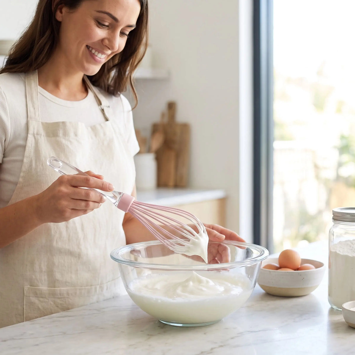 femme utilise Fouet de cuisine rose pour mélangé ingrédient