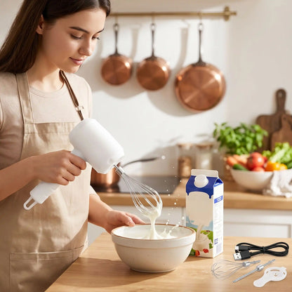 femme utilise fouet electrique blanc pour mélangé préparation