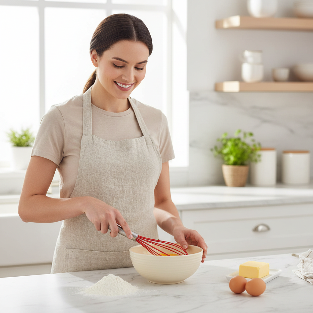 femme utilise Fouet professionnel rouge dans cuisine