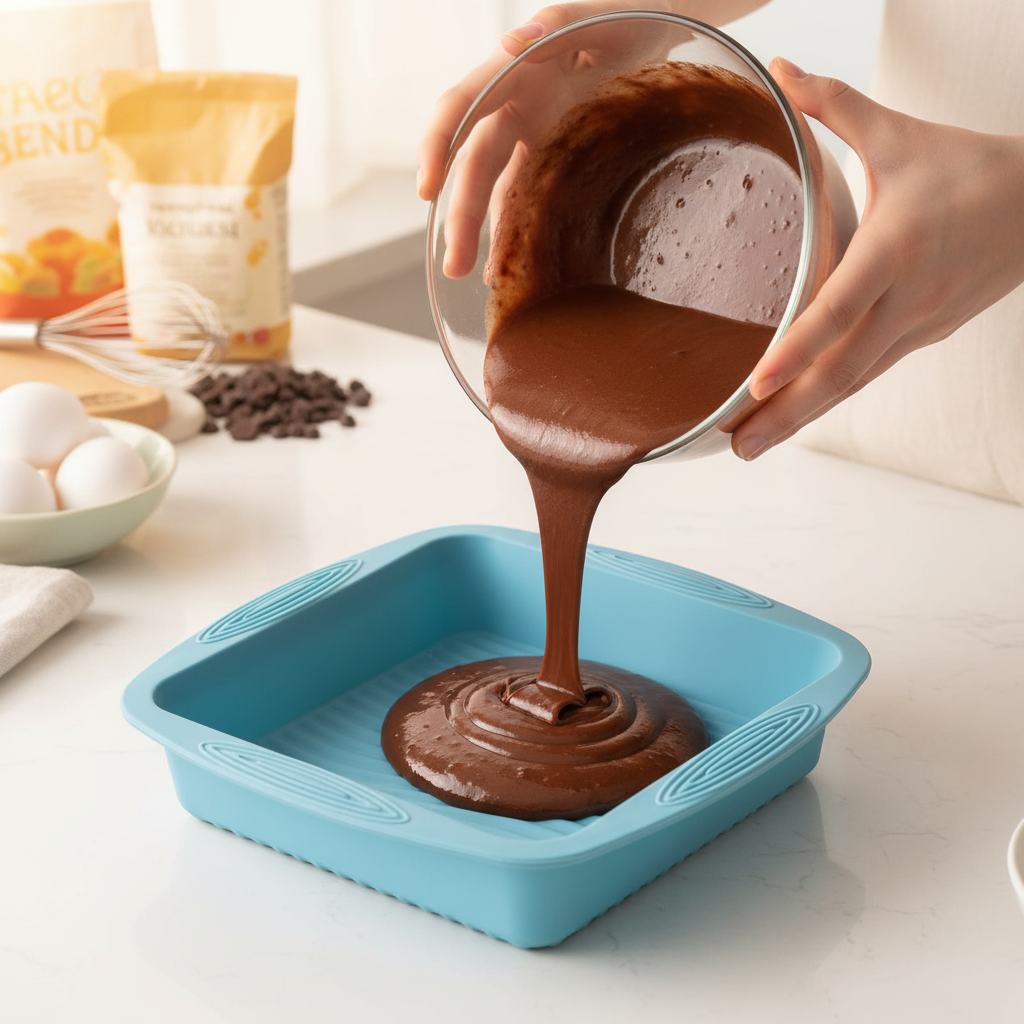 Femme versant pâte brownie dans Moule Carré en Silicone
