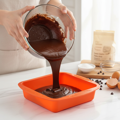 Femme versant pâte brownie dans Moule Carré Silicone