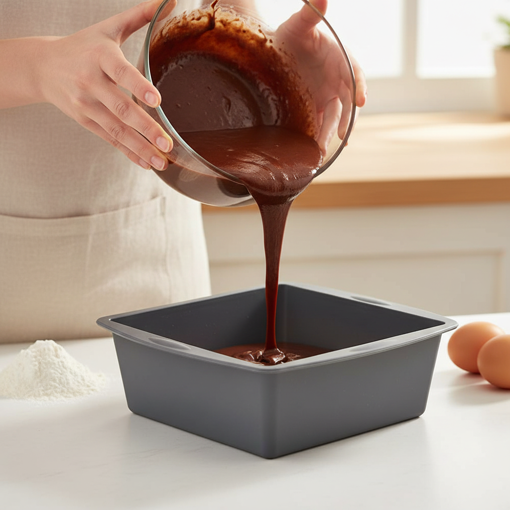 Femme versant pâte brownie dans moule silicone carre 