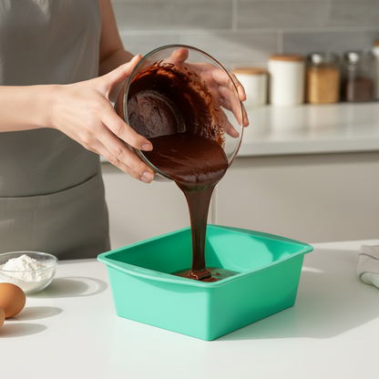 Femme versant pâte à brownie dans Moule Silicone Carré