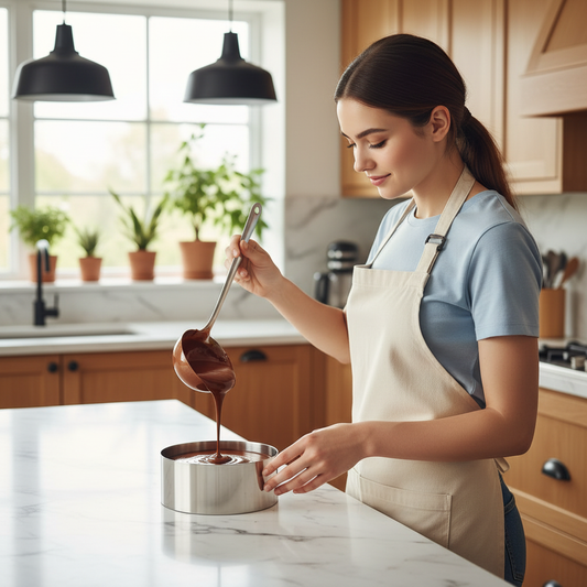 Femme versant mousse dans Cercle à entremet dans cuisine