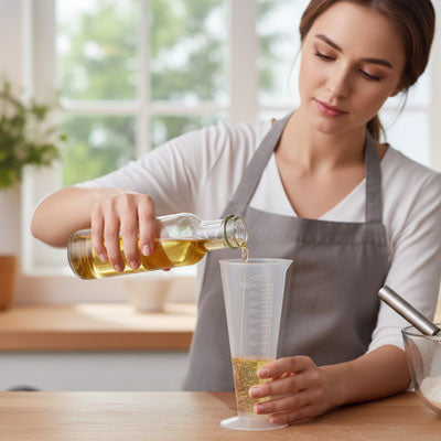 femme verse huile avec verre doseur