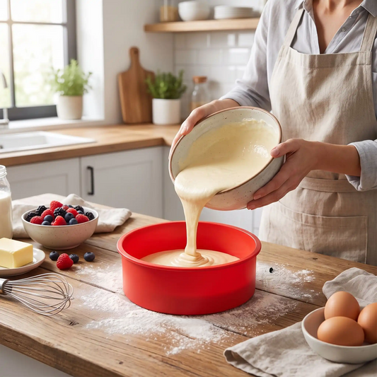 Femme verse préparation dans moule rond silicone dans cuisine