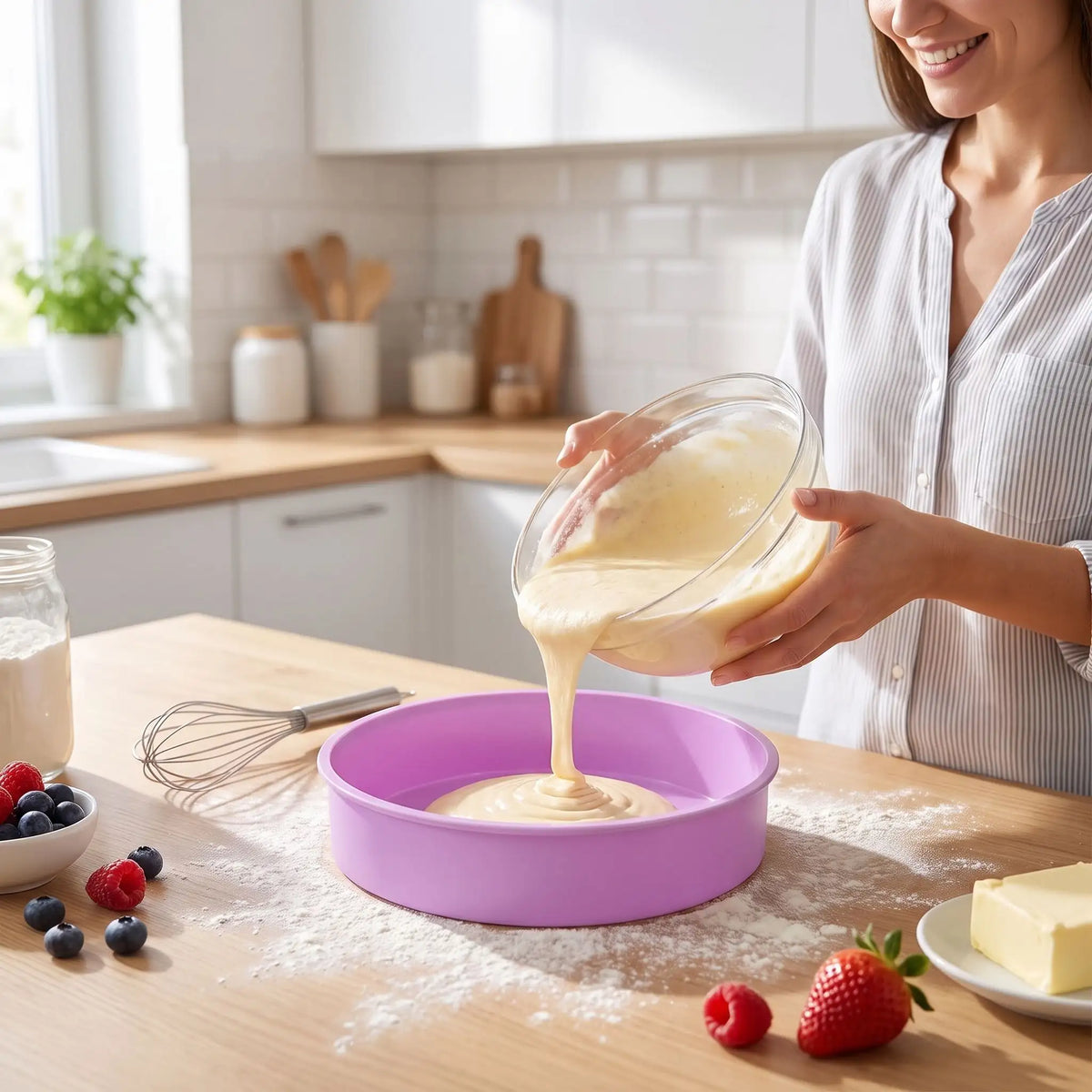 femme verse préparation pâtissière dans Moule en silicone rond