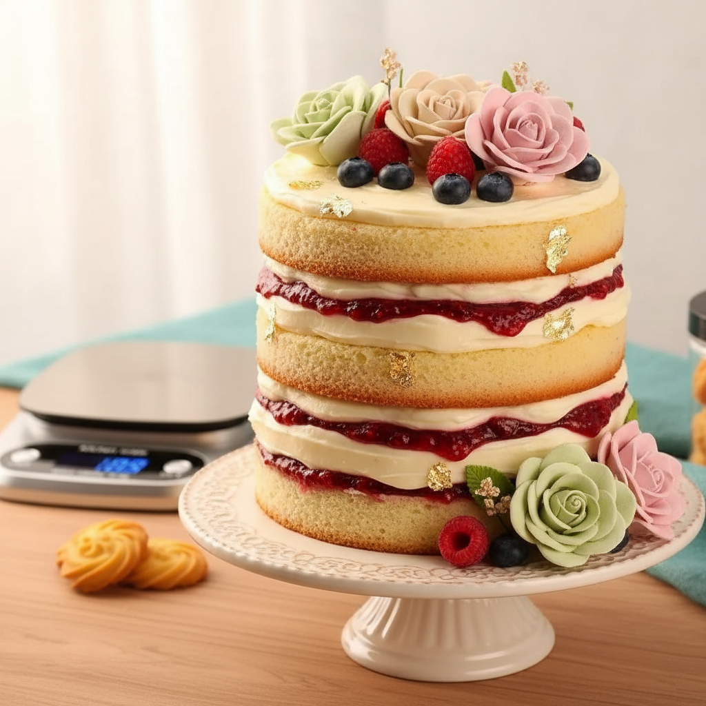 Balance patisserie sur table avec layer cake