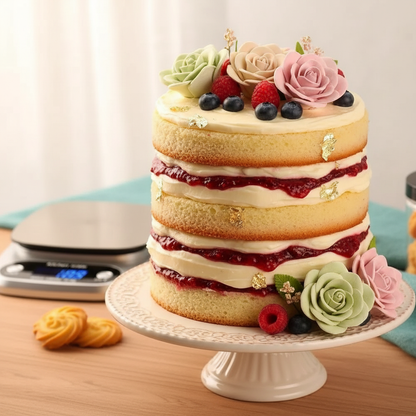 Balance patisserie sur table avec layer cake