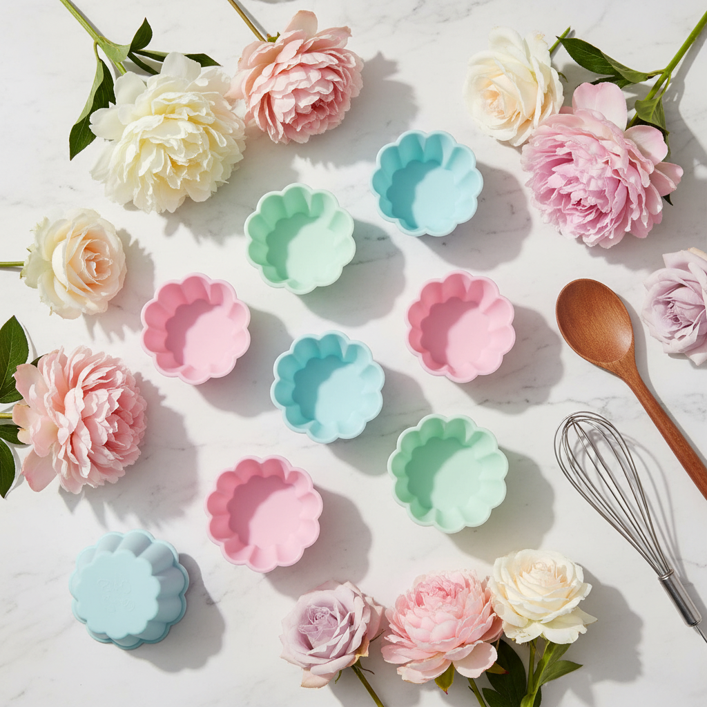 moule silicone rond rose bleu vert fleurs fraîches ustensiles pâtisserie lifestyle